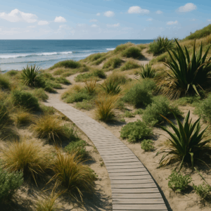A coastal sand dune landscape with native grasses and shrubs stabilizing the sand, a wooden boardwalk winding through the plants, and gentle ocean waves in the background under bright daylight.