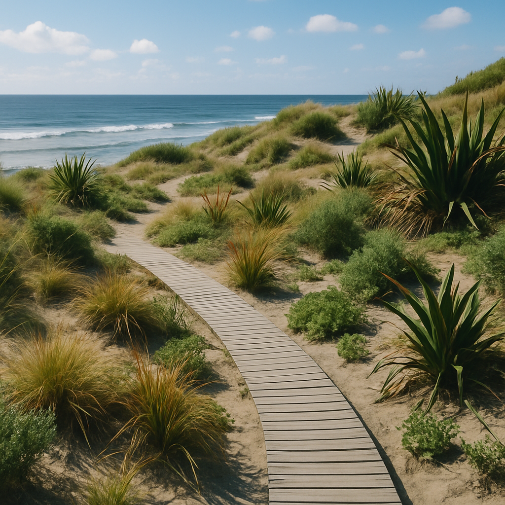 A coastal sand dune landscape with native grasses and shrubs stabilizing the sand, a wooden boardwalk winding through the plants, and gentle ocean waves in the background under bright daylight.