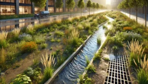Realistic scene of a commercial site after rain. Stormwater runs through grass-lined drainage channels toward a large bio-retention garden planted with native vegetation, including tall grasses, shrubs, and wildflowers. Wet soil and reflective puddles are visible under bright sunlight breaking through clouds, highlighting sustainable stormwater management design.