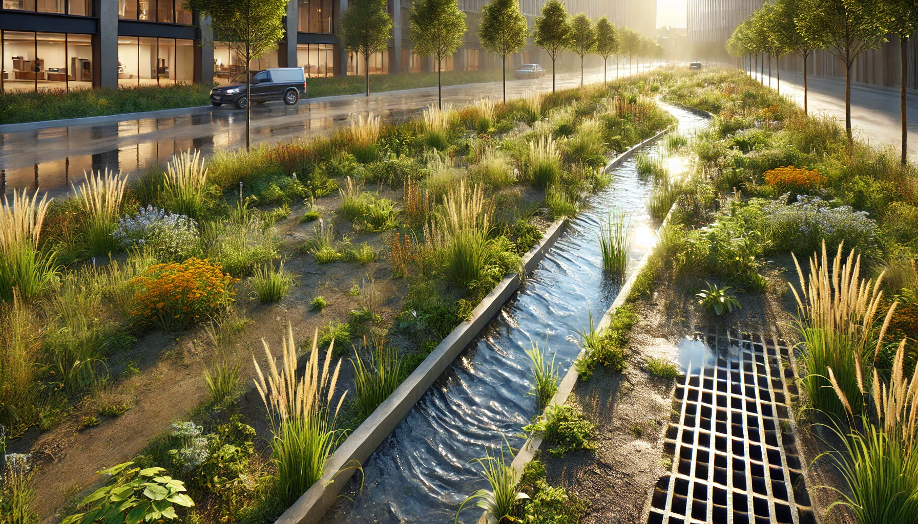 Realistic scene of a commercial site after rain. Stormwater runs through grass-lined drainage channels toward a large bio-retention garden planted with native vegetation, including tall grasses, shrubs, and wildflowers. Wet soil and reflective puddles are visible under bright sunlight breaking through clouds, highlighting sustainable stormwater management design.