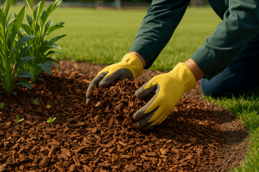 Hands in work gloves applying fresh organic bark mulch around garden plants