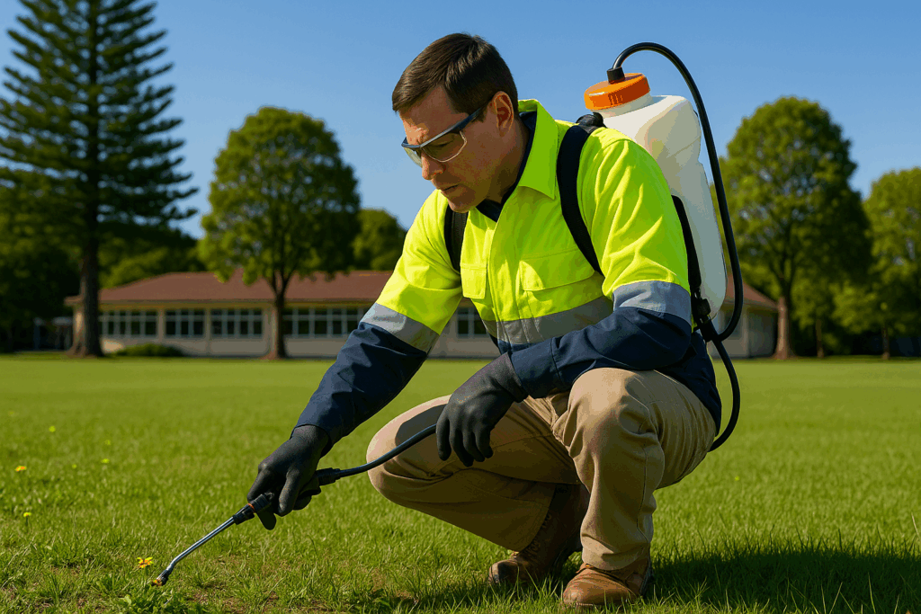 Professional groundskeeper in proper PPE (safety glasses, gloves, long sleeves) spot-treating weeds with backpack sprayer